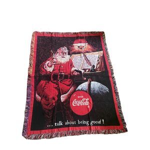 Vintage 1994 Coca Cola Santa Clause Christmas Holiday Woven Fringe Throw Blanket
